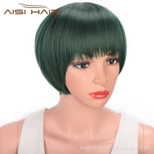 Aisi Hair Green Black Mixed Colors Short Straight Bob Wigs Synthetic Short Straight Bob Wigs For Women